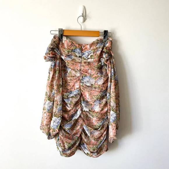 Hello Molly Basque Country Mini Dress Puff  Long Sleeve Ruched Pink Green Size 2 - Picture 6 of 10